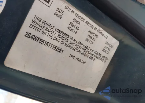 2001 Buick Regal Gs z USA, uszkodzony, nr VIN 2G4WF551611152681